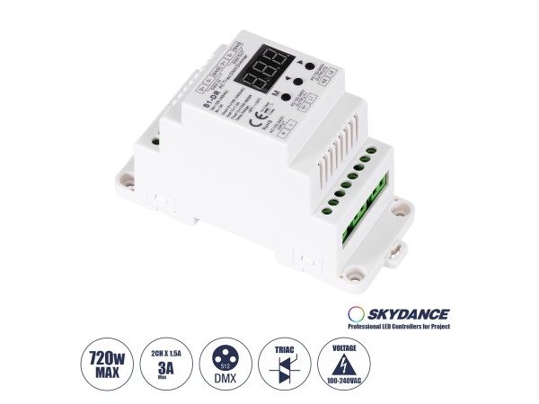GLOBOSTAR® SKYDANCE-S1-DR 70670 AC Trailing Edge DMX Dimmer Ράγας με 2 x 1.5A 360W Κανάλια AC 220-240V 3A 720W Max IP20 - DMX512 & RDM - Μ11.5 x Π5 x Υ6.5cm - 5 Χρόνια Εγγύηση