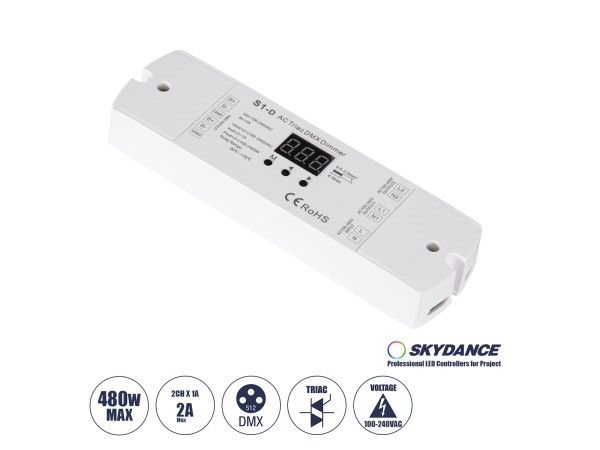 GLOBOSTAR® SKYDANCE-S1-D 70671 AC Trailing Edge DMX Dimmer με 2 x 1A 240W Κανάλια AC 220-240V 2A 480W Max IP20 - DMX512 & RDM - Μ16.7 x Π5 x Υ2.4cm - 5 Χρόνια Εγγύηση