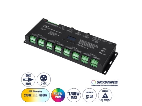 GLOBOSTAR® SKYDANCE-D24A 70673 DC DMX Master Dimmer / Controller / Decoder Υψηλής Ταχύτητας με 24 x 3A 72W Κανάλια DC 12-24V 72.5A 1740W Max IP20 - DMX512 & RDM - Μ16.7 x Π5 x Υ2.4cm - 5 Χρόνια Εγγύηση