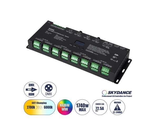 GLOBOSTAR® SKYDANCE-D24A 70673 DC DMX Master Dimmer / Controller / Decoder Υψηλής Ταχύτητας με 24 x 3A 72W Κανάλια DC 12-24V 72.5A 1740W Max IP20 - DMX512 & RDM - Μ16.7 x Π5 x Υ2.4cm - 5 Χρόνια Εγγύηση GLOBOSTAR® SKYDANCE-D24A 70673 DC DMX Master Dimmer / Controller / Decoder Υψηλής Ταχύτητας με 24 x 3A 72W Κανάλια DC 12-24V 72.5A 1740W Max IP20 - DMX512 & RDM - Μ16.7 x Π5 x Υ2.4cm - 5 Χρόνια Εγγύηση