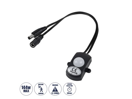 GLOBOSTAR® SENSORE 70693 Ανιχνευτής PIR / Αισθητήρας Κίνησης 180° DC 12-24V 6A 144W Max IP20 - Μ30 x Π4 x Υ2.3cm - 2 Χρόνια Εγγύηση