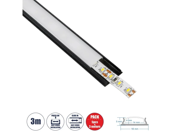 GloboStar® CURVED-PROFILE 70804-3M Προφίλ Αλουμινίου - Βάση & Ψύκτρα Ταινίας LED με Λευκό Γαλακτερό Κάλυμμα - Επιφανειακή Χρήση - Εύκαμπτο με Δυνατότητα Κυρτής Τοποθέτησης - Πατητό Κάλυμμα - Μαύρο - 3 Μέτρα - Πακέτο 5 Τεμαχίων - Μ300 x Π1.8 x Υ0.5cm