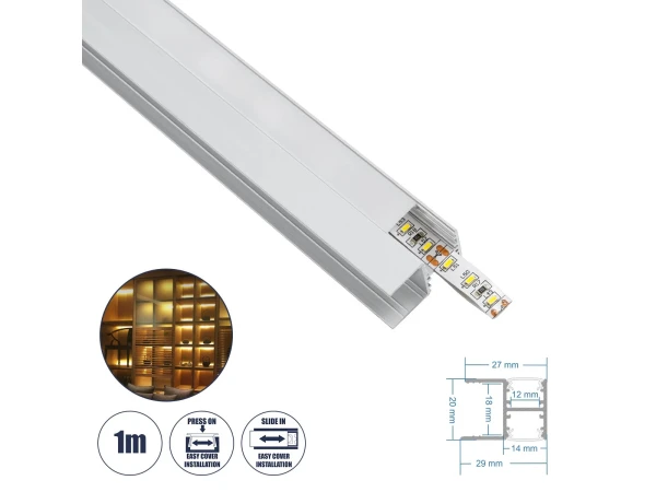 GLOBOSTAR® ALP-R-SHELF DODA 70814-1M Χωνευτό Προφίλ Αλουμινίου Ειδικό για Φωτισμό Ραφιού 18mm με Λευκό Γαλακτερό Πατητό Κάλυμμα για Ταινίες LED IP20 - Ασημί & Λευκό - Μ100 x Π1.5 x Υ2cm