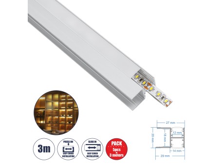 GLOBOSTAR® ALP-R-SHELF DODA 70814-3M Χωνευτό Προφίλ Αλουμινίου Ειδικό για Φωτισμό Ραφιού 18mm με Λευκό Γαλακτερό Πατητό Κάλυμμα για Ταινίες LED IP20 - Ασημί & Λευκό- Μ300 x Π1.5 x Υ2cm - Πακέτο 5 Τεμαχίων