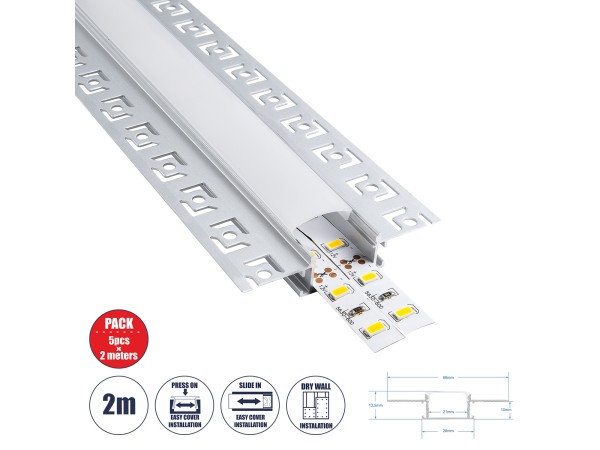 GLOBOSTAR® ALP-PLASTERIN GYPSO 70819-2M Χωνευτό Προφίλ Αλουμινίου Ειδικό για Γυψοσανίδα με Λευκό Γαλακτερό Πατητό Κάλυμμα για Ταινίες LED IP20 - Ασημί & Λευκό - Μ200 x Π6.7 x Υ1.3cm - Πακέτο 5 Τεμαχίων