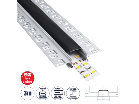 GLOBOSTAR® ALP-PLASTERIN GYPSO 70820-3M Χωνευτό Προφίλ Αλουμινίου Ειδικό για Γυψοσανίδα με Μαύρο Φιμέ Πατητό Κάλυμμα για Ταινίες LED IP20 - Ασημί & Μαύρο - Μ300 x Π6.7 x Υ1.4cm - Πακέτο 5 Τεμαχίων