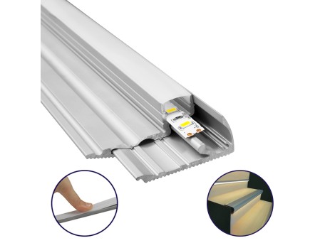 GloboStar® STAIR-PROFILE 70823-2M Προφίλ Αλουμινίου - Βάση & Ψύκτρα Ταινίας LED με Λευκό Γαλακτερό Κάλυμμα - Χρήση σε Σκαλοπάτια - Πατητό Κάλυμμα - Ασημί - 2 Μέτρα - Μ200 x Π6 x Υ2.1cm