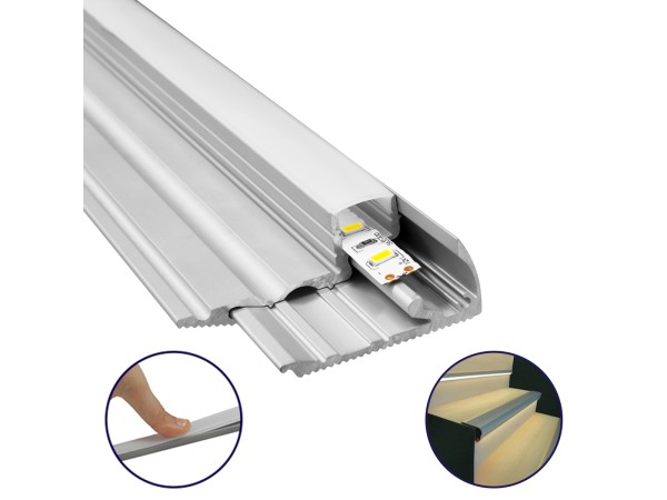 GloboStar® STAIR-PROFILE 70823-2M Προφίλ Αλουμινίου - Βάση & Ψύκτρα Ταινίας LED με Λευκό Γαλακτερό Κάλυμμα - Χρήση σε Σκαλοπάτια - Πατητό Κάλυμμα - Ασημί - 2 Μέτρα - Μ200 x Π6 x Υ2.1cm