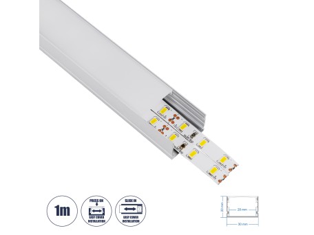 GloboStar® SURFACE-PROFILE 70824-1M Προφίλ Αλουμινίου - Βάση & Ψύκτρα Ταινίας LED με Λευκό Γαλακτερό Κάλυμμα - Επιφανειακή Χρήση - Πατητό Κάλυμμα - Ασημί - 1 Μέτρο - Μ100 x Π3 x Υ2cm