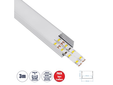 GloboStar® SURFACE-PROFILE 70824-3M Προφίλ Αλουμινίου - Βάση & Ψύκτρα Ταινίας LED με Λευκό Γαλακτερό Κάλυμμα - Επιφανειακή Χρήση - Πατητό Κάλυμμα - Ασημί - 3 Μέτρα - Πακέτο 5 Τεμαχίων - Μ300 x Π3 x Υ2cm
