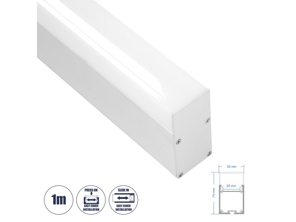 GloboStar® SURFACEPENDANT-PROFILE 70831-1M Προφίλ Αλουμινίου - Βάση & Ψύκτρα Ταινίας LED με Λευκό Γαλακτερό Κάλυμμα - Επιφανειακή & Κρεμαστή Χρήση - Πατητό Κάλυμμα - Λευκό - 1 Μέτρο - Μ100 x Π3.5 x Υ7.4cm