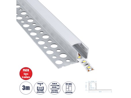 GLOBOSTAR® ALP-PLASTERIN GYPSO 70834-3M Χωνευτό Τερματικό Προφίλ Αλουμινίου Ειδικό για Γυψοσανίδα με Λευκό Γαλακτερό Πατητό Κάλυμμα για Ταινίες LED IP20 - Ασημί & Λευκό - Μ300 x Π3.3 x Υ1.5cm - Πακέτο 5 Τεμαχίων