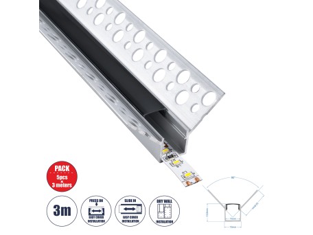GLOBOSTAR® ALP-PLASTERIN GYPSO 70837-3M Χωνευτό Προφίλ Αλουμινίου Ειδικό για Εσωτερική Γωνία Γυψοσανίδας με Μαύρο Φιμέ Πατητό Κάλυμμα για Ταινίες LED IP20 - Ασημί & Μαύρο - Μ300 x Π3.1 x Υ1.3cm - Πακέτο 5 Τεμαχίων