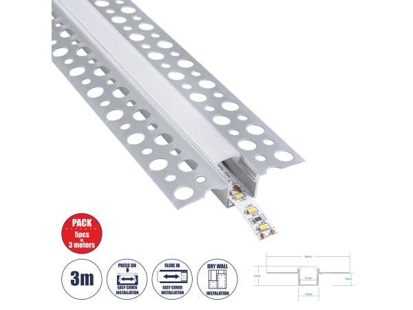 GLOBOSTAR® ALP-PLASTERIN GYPSO 70838-3M Χωνευτό Προφίλ Αλουμινίου Ειδικό για Γυψοσανίδα με Λευκό Γαλακτερό Πατητό Κάλυμμα για Ταινίες LED IP20 - Ασημί & Λευκό - Μ300 x Π5.6 x Υ1.5cm - Πακέτο 5 Τεμαχίων