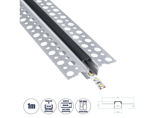 GloboStar® PLASTERBOARD-PROFILE 70839-1M Προφίλ Αλουμινίου - Βάση & Ψύκτρα Ταινίας LED με Μαύρο Φιμέ Κάλυμμα - Χωνευτή Χρήση σε Γυψοσανίδα - Trimless - Πατητό Κάλυμμα - Ασημί - 1 Μέτρο - Μ100 x Π5.6 x Υ1.5cm
