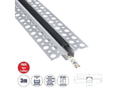 GLOBOSTAR® ALP-PLASTERIN GYPSO 70839-3M Χωνευτό Προφίλ Αλουμινίου Ειδικό για Γυψοσανίδα με Μαύρο Φιμέ Πατητό Κάλυμμα για Ταινίες LED IP20 - Ασημί & Μαύρο - Μ300 x Π5.6 x Υ1.5cm - Πακέτο 5 Τεμαχίων