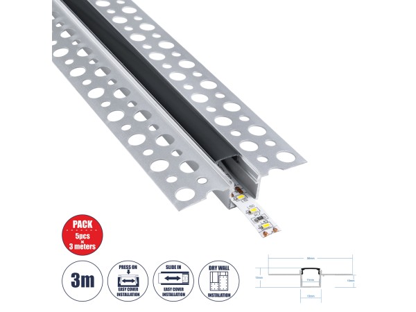 GloboStar® PLASTERBOARD-PROFILE 70839-3M Προφίλ Αλουμινίου - Βάση & Ψύκτρα Ταινίας LED με Μαύρο Φιμέ Κάλυμμα - Χωνευτή Χρήση σε Γυψοσανίδα - Trimless - Πατητό Κάλυμμα - Ασημί - 3 Μέτρα - Πακέτο 5 Τεμαχίων - Μ300 x Π5.6 x Υ1.5cm