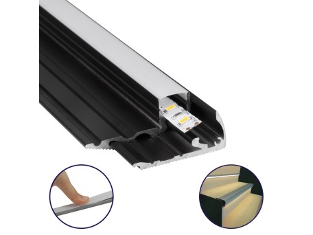 GLOBOSTAR® ALP-STEP-GRIP STAIR 70841-2M Επιφανειακό Προφίλ Αλουμινίου Ειδικό για Φωτισμό Σκαλοπατιού με Λευκό Γαλακτερό Πατητό Κάλυμμα για Ταινίες LED IP20 - Μαύρο & Λευκό - Μ200 x Π6 x Υ2.1cm