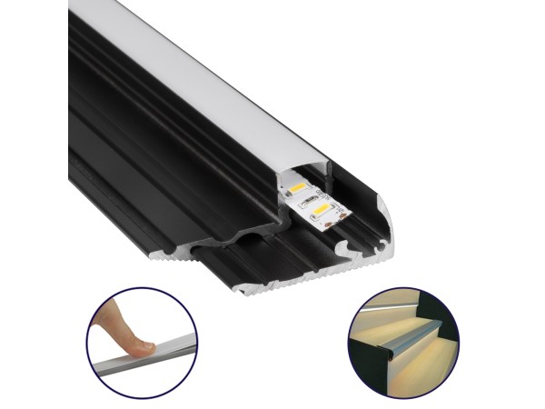 GLOBOSTAR® ALP-STEP-GRIP STAIR 70841-3M Επιφανειακό Προφίλ Αλουμινίου Ειδικό για Φωτισμό Σκαλοπατιού με Λευκό Γαλακτερό Πατητό Κάλυμμα για Ταινίες LED IP20 - Μαύρο & Λευκό - Μ300 x Π6 x Υ2.1cm