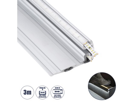 GloboStar® STAIR-PROFILE 70842-3M Προφίλ Αλουμινίου - Βάση & Ψύκτρα Ταινίας LED με Λευκό Γαλακτερό Κάλυμμα - Χρήση σε Σκαλοπάτια - Πατητό Κάλυμμα - Ασημί - 3 Μέτρα - Μ300 x Π8 x Υ3.2cm