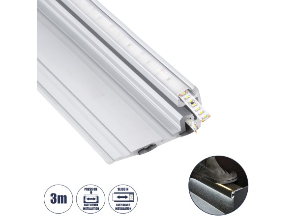 GloboStar® STAIR-PROFILE 70842-3M Προφίλ Αλουμινίου - Βάση & Ψύκτρα Ταινίας LED με Λευκό Γαλακτερό Κάλυμμα - Χρήση σε Σκαλοπάτια - Πατητό Κάλυμμα - Ασημί - 3 Μέτρα - Μ300 x Π8 x Υ3.2cm