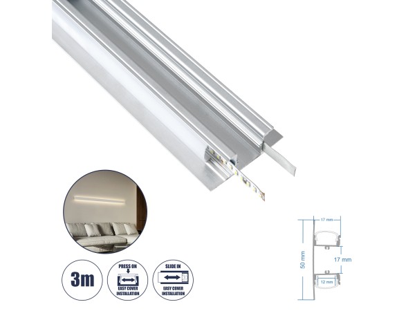 GLOBOSTAR® ALP-WALL-UPDOWN CONCEALED 70844-3M Επιφανειακό Προφίλ Αλουμινίου Ειδικό για Δημιουργία Κρυφού Φωτισμού Up & Down με Λευκό Γαλακτερό Πατητό Κάλυμμα για Ταινίες LED IP20 - Ασημί & Λευκό - Μ300 x Π5 x Υ1.7cm
