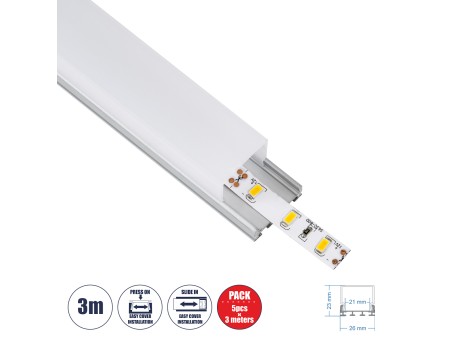 GloboStar® SURFACEPENDANT-PROFILE 70847-3M Προφίλ Αλουμινίου - Βάση & Ψύκτρα Ταινίας LED με Λευκό Γαλακτερό Κάλυμμα - Επιφανειακή & Κρεμαστή Χρήση - Πατητό Κάλυμμα - Ασημί - 3 Μέτρα - Πακέτο 5 Τεμαχίων - Μ300 x Π2.6 x Υ2.3cm