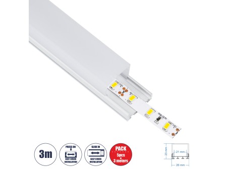 GloboStar® SURFACEPENDANT-PROFILE 70848-3M Προφίλ Αλουμινίου - Βάση & Ψύκτρα Ταινίας LED με Λευκό Γαλακτερό Κάλυμμα - Επιφανειακή & Κρεμαστή Χρήση - Πατητό Κάλυμμα - Λευκό - 3 Μέτρα - Πακέτο 5 Τεμαχίων - Μ300 x Π2.6 x Υ2.3cm