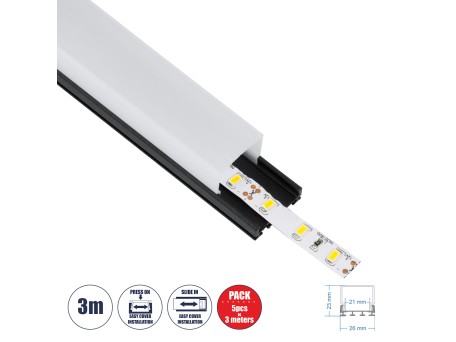 GLOBOSTAR® ALP-LINEAR GLOA 70849-3M Επιφανειακό & Κρεμαστό Προφίλ Αλουμινίου με Λευκό Γαλακτερό Πατητό Κάλυμμα για Ταινίες LED IP20 - Μαύρο & Λευκό - Μ300 x Π2.6 x Υ2.3cm - Πακέτο 5 Τεμαχίων