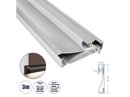 GloboStar® SKIRTINGBOARD-PROFILE 70850-3M Προφίλ Αλουμινίου - Βάση & Ψύκτρα Ταινίας LED με Λευκό Γαλακτερό Κάλυμμα - Επιφανειακή Χρήση για Περβάζι - Πατητό Κάλυμμα - Ασημί - 3 Μέτρα - Μ300 x Π1.6 x Υ8cm