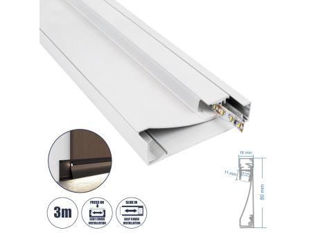 GloboStar® SKIRTINGBOARD-PROFILE 70851-3M Προφίλ Αλουμινίου - Βάση & Ψύκτρα Ταινίας LED με Λευκό Γαλακτερό Κάλυμμα - Επιφανειακή Χρήση για Περβάζι - Πατητό Κάλυμμα - Λευκό - 3 Μέτρα - Μ300 x Π1.6 x Υ8cm