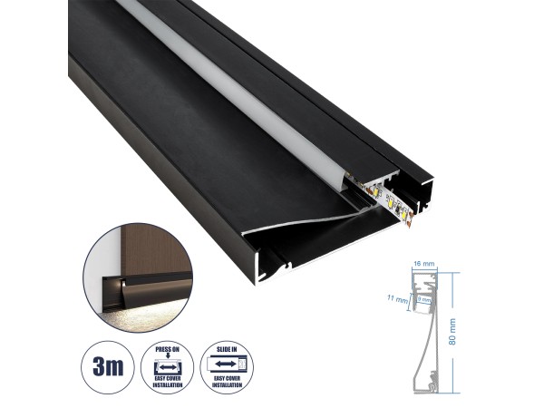GloboStar® SKIRTINGBOARD-PROFILE 70852-3M Προφίλ Αλουμινίου - Βάση & Ψύκτρα Ταινίας LED με Λευκό Γαλακτερό Κάλυμμα - Επιφανειακή Χρήση για Περβάζι - Πατητό Κάλυμμα - Μαύρο - 3 Μέτρα - Μ300 x Π1.6 x Υ8cm