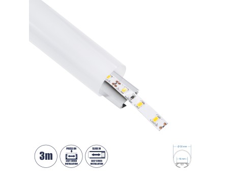 GLOBOSTAR® ALP-ROUND TUBIT 70853-3M Επιφανειακό & Κρεμαστό Προφίλ Αλουμινίου με Λευκό Γαλακτερό Πατητό Κάλυμμα για Ταινίες LED IP20 - Ασημί & Λευκό - Μ300 x Π3 x Υ3cm