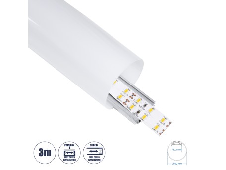 GLOBOSTAR® ALP-ROUND TUBIT 70855-3M Επιφανειακό & Κρεμαστό Προφίλ Αλουμινίου με Λευκό Γαλακτερό Πατητό Κάλυμμα για Ταινίες LED IP20 - Ασημί & Λευκό - Μ300 x Π6 x Υ6cm