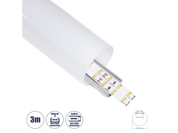 GLOBOSTAR® ALP-ROUND TUBIT 70855-3M Επιφανειακό & Κρεμαστό Προφίλ Αλουμινίου με Λευκό Γαλακτερό Πατητό Κάλυμμα για Ταινίες LED IP20 - Ασημί & Λευκό - Μ300 x Π6 x Υ6cm
