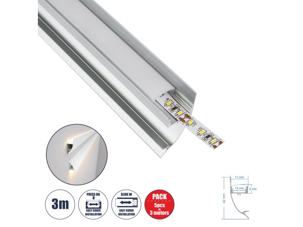 GloboStar® SURFACE-PROFILE 70857-3M Προφίλ Αλουμινίου - Βάση & Ψύκτρα Ταινίας LED με Λευκό Γαλακτερό Κάλυμμα - Επιφανειακή Χρήση Δημιουργίας Κρυφού Φωτισμού - Πατητό Κάλυμμα - Ασημί - 3 Μέτρα - Πακέτο 5 Τεμαχίων - Μ300 x Π1.7 x Υ4.2cm
