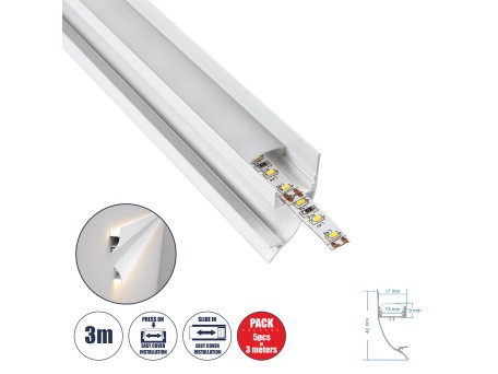 GloboStar® SURFACE-PROFILE 70858-3M Προφίλ Αλουμινίου - Βάση & Ψύκτρα Ταινίας LED με Λευκό Γαλακτερό Κάλυμμα - Επιφανειακή Χρήση Δημιουργίας Κρυφού Φωτισμού - Πατητό Κάλυμμα - Λευκό - 3 Μέτρα - Πακέτο 5 Τεμαχίων - Μ300 x Π1.7 x Υ4.2cm