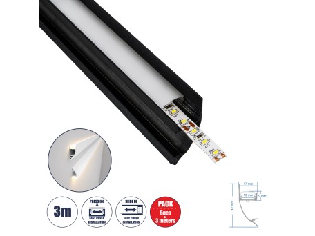 GloboStar® SURFACE-PROFILE 70859-3M Προφίλ Αλουμινίου - Βάση & Ψύκτρα Ταινίας LED με Λευκό Γαλακτερό Κάλυμμα - Επιφανειακή Χρήση Δημιουργίας Κρυφού Φωτισμού - Πατητό Κάλυμμα - Μαύρο - 3 Μέτρα - Πακέτο 5 Τεμαχίων - Μ300 x Π1.7 x Υ4.2cm