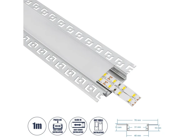 GLOBOSTAR® ALP-PLASTERIN GYPSO 70861-1M Χωνευτό Προφίλ Αλουμινίου Ειδικό για Γυψοσανίδα με Λευκό Γαλακτερό Πατητό Κάλυμμα για Ταινίες LED IP20 - Ασημί & Λευκό - Μ100 x Π7.8 x Υ1.4cm