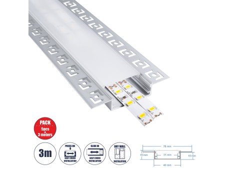 GLOBOSTAR® ALP-PLASTERIN GYPSO 70861-3M Χωνευτό Προφίλ Αλουμινίου Ειδικό για Γυψοσανίδα με Λευκό Γαλακτερό Πατητό Κάλυμμα για Ταινίες LED IP20 - Ασημί & Λευκό - Μ300 x Π7.8 x Υ1.4cm - Πακέτο 5 Τεμαχίων