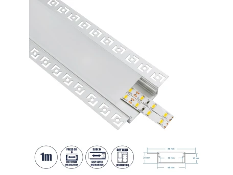 GLOBOSTAR® ALP-PLASTERIN GYPSO 70862-1M Χωνευτό Προφίλ Αλουμινίου Ειδικό για Γυψοσανίδα με Λευκό Γαλακτερό Πατητό Κάλυμμα για Ταινίες LED IP20 - Ασημί & Λευκό - Μ100 x Π8.8 x Υ2cm