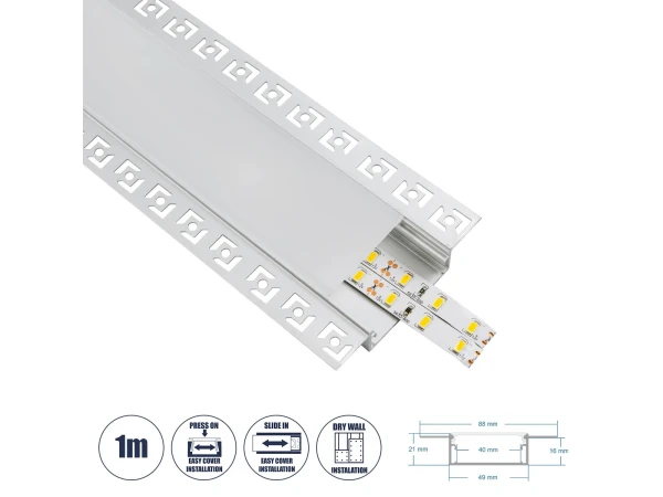GLOBOSTAR® ALP-PLASTERIN GYPSO 70862-1M Χωνευτό Προφίλ Αλουμινίου Ειδικό για Γυψοσανίδα με Λευκό Γαλακτερό Πατητό Κάλυμμα για Ταινίες LED IP20 - Ασημί & Λευκό - Μ100 x Π8.8 x Υ2cm