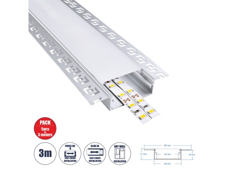 GLOBOSTAR® ALP-PLASTERIN GYPSO 70862-3M Χωνευτό Προφίλ Αλουμινίου Ειδικό για Γυψοσανίδα με Λευκό Γαλακτερό Πατητό Κάλυμμα για Ταινίες LED IP20 - Ασημί & Λευκό - Μ300 x Π8.8 x Υ2cm - Πακέτο 5 Τεμαχίων
