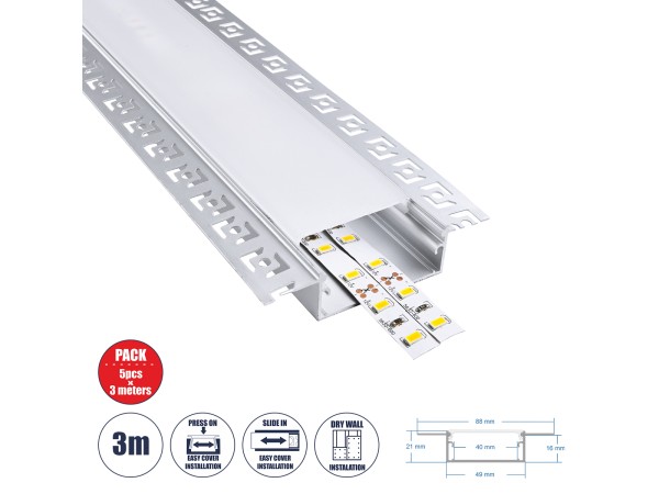 GloboStar® PLASTERBOARD-PROFILE 70862-3M Προφίλ Αλουμινίου - Βάση & Ψύκτρα Ταινίας LED με Λευκό Γαλακτερό Κάλυμμα - Χωνευτή Χρήση σε Γυψοσανίδα - Trimless - Πατητό Κάλυμμα - Ασημί - 3 Μέτρα - Πακέτο 5 Τεμαχίων - Μ300 x Π8.8 x Υ2cm