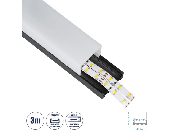 GloboStar® SURFACEPENDANT-PROFILE 70866-3M Προφίλ Αλουμινίου - Βάση & Ψύκτρα Ταινίας LED με Λευκό Γαλακτερό Κάλυμμα - Επιφανειακή & Κρεμαστή Χρήση - Πατητό Κάλυμμα - Μαύρο - 3 Μέτρα - Μ300 x Π4.5 x Υ4.2cm