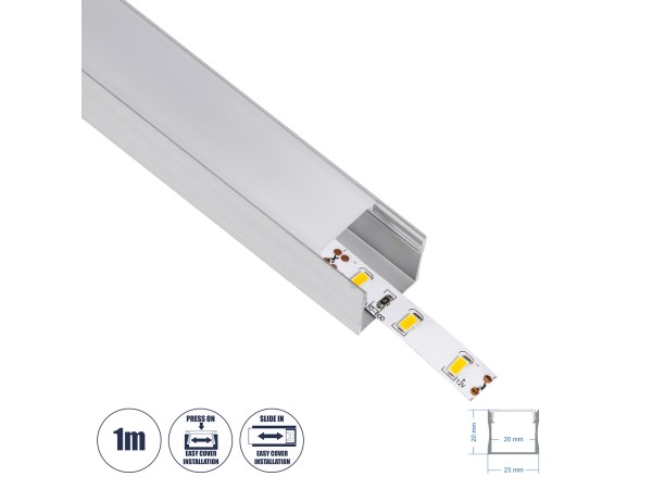 GLOBOSTAR® ALP-LINEAR LIGHTLINE 70867-1M Επιφανειακό Προφίλ Αλουμινίου με Λευκό Γαλακτερό Πατητό Κάλυμμα για Ταινίες LED IP20 - Ασημί & Λευκό - Μ100 x Π2.3 x Υ2cm