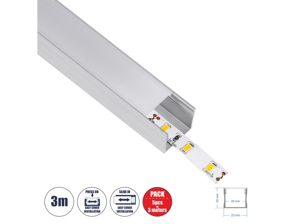 GloboStar® SURFACE-PROFILE 70867-3M Προφίλ Αλουμινίου - Βάση & Ψύκτρα Ταινίας LED με Λευκό Γαλακτερό Κάλυμμα - Επιφανειακή Χρήση - Πατητό Κάλυμμα - Ασημί - 3 Μέτρα - Πακέτο 5 Τεμαχίων - Μ300 x Π2.3 x Υ2cm