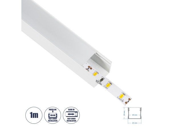 GloboStar® SURFACE-PROFILE 70868-1M Προφίλ Αλουμινίου - Βάση & Ψύκτρα Ταινίας LED με Λευκό Γαλακτερό Κάλυμμα - Επιφανειακή Χρήση - Πατητό Κάλυμμα - Λευκό - 1 Μέτρο - Μ100 x Π2.3 x Υ2cm