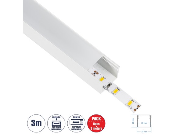 GloboStar® SURFACE-PROFILE 70868-3M Προφίλ Αλουμινίου - Βάση & Ψύκτρα Ταινίας LED με Λευκό Γαλακτερό Κάλυμμα - Επιφανειακή Χρήση - Πατητό Κάλυμμα - Λευκό - 3 Μέτρα - Πακέτο 5 Τεμαχίων - Μ300 x Π2.3 x Υ2cm