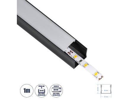 GloboStar® SURFACE-PROFILE 70869-1M Προφίλ Αλουμινίου - Βάση & Ψύκτρα Ταινίας LED με Λευκό Γαλακτερό Κάλυμμα - Επιφανειακή Χρήση - Πατητό Κάλυμμα - Μαύρο - 1 Μέτρο - Μ100 x Π2.3 x Υ2cm
